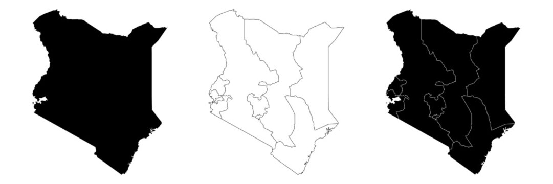 Blank map of Kenya with administrative boundaries.Kenya political map. High detailed. Solid simple style.Kenya map silhouette linear and black illustration. Black and white map. Vector editable
