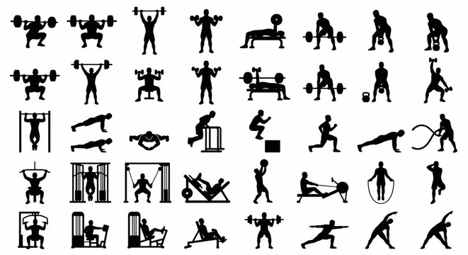 Large set of gym and fitness exercise silhouettes showing various workout routines and equipment