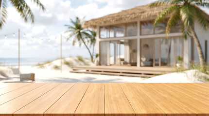 Fototapeta premium Empty Wooden Table Top with Blurred Bamboo Beach Hut for Summer Travel Mockup and Tropical Product Display