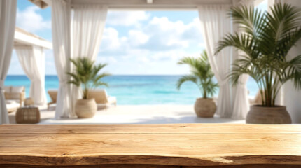 Fototapeta premium Empty Wooden Table Top with Blurred Resort Terrace Curtains for Summer Spa Product Mockup and Travel Display