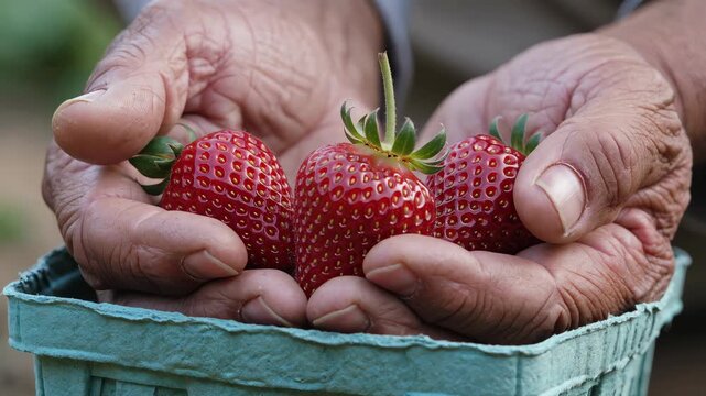 Close up of an elderly farmer's weathered hands carefully holding fresh, ripe red strawberries in a small green basket, showcasing the bounty of a recent harvest.