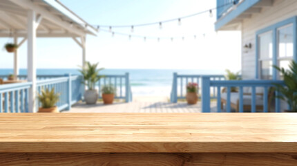 Fototapeta premium Empty Wooden Table Top with Blurred Beach House Porch for Summer Vacation Product Mockup and Coastal Display