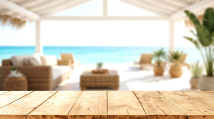 Obraz premium Empty Wooden Table Top with Blurred Beach Resort Terrace for Summer Vacation Product Mockup and Travel Display