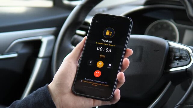 Receiving an incoming call from The Boss on a smartphone. The screen displays a yellow building icon and an Executive Office label. Perfect for corporate visuals, priority communication, and business