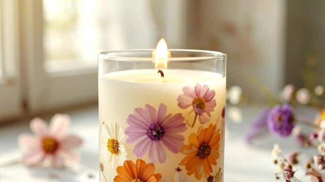 A lit candle with floral decorations sits on a windowsill with flowers nearby