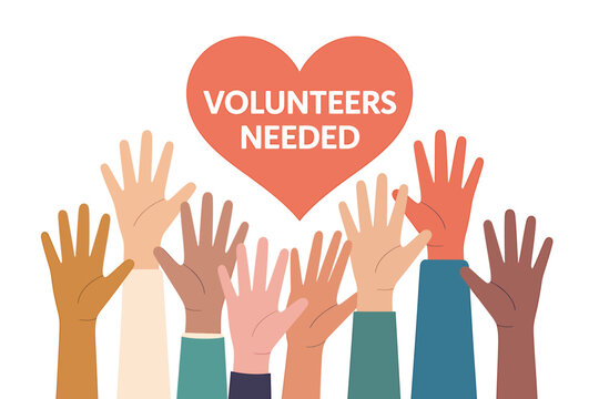 Illustration showing diverse hands raised with volunteers needed heart symbol