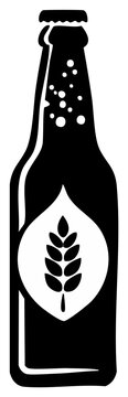 Black silhouette of a classic beer bottle featuring a wheat stalk symbol, crown cap, and effervescent bubbles for beverage design.
