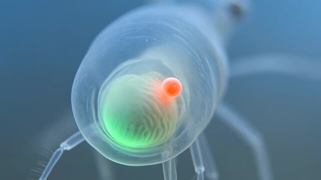 Transparent Marine Zooplankton Digesting a Microplastic Bead Revealing Internal Anatomy and Underwater Biological Impact