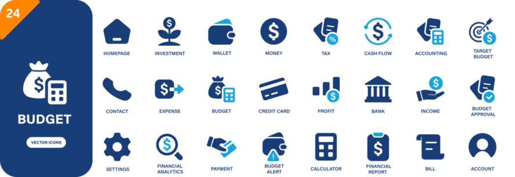 Budget icon. Containing accounting, cash flow, investment, wallet, mone. Solid vector icon set.