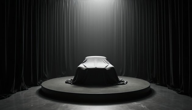 New auto model waits under grey cloth on round stage. Black curtains surround podium. Dramatic light shines from above. Anticipation builds for reveal.