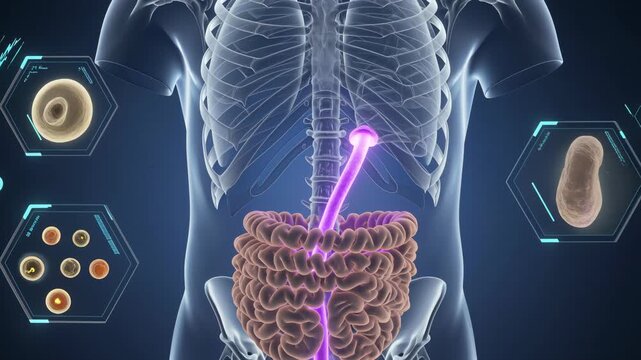Futuristic Medical Visualization of the Human Digestive System Anatomy with Glowing Intestines and Magnified Cells