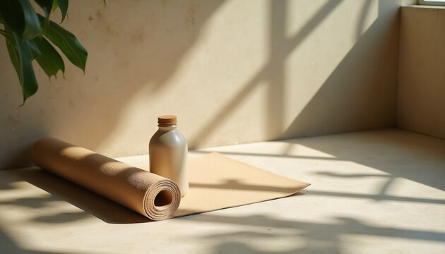 Minimalist yoga mat and water bottle in soft sunlight indoors. Peaceful indoor fitness setup, clean aesthetic, natural light for healthy lifestyle routines, stretching, or meditation.