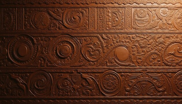 Intricate dark brown bas relief carving with geometric and tribal motifs. Abstract patterns and textured details create rich, ancient aesthetic suitable for decorative backgrounds and cultural themes.