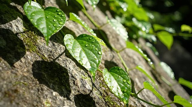 Green Vine With Water Droplets Growing On A Textured Rock Surface.