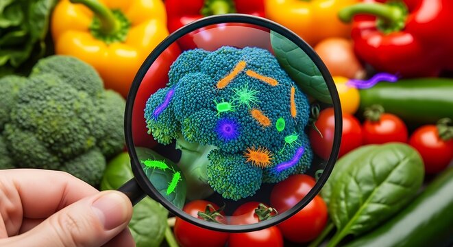 Hand holding magnifying glass revealing bacteria on fresh vegetables