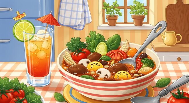 Healthy Eating And Comfort Food Concept Illustration Of Nutritious Soup Bowl With Vegetables Mushrooms And Drink Promoting Wellness And Balanced Diet Choices