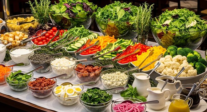 Buffet style salad bar with healthy vegetarian food and banquet catering available