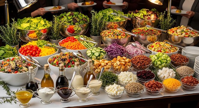 Buffet style salad bar with healthy vegetarian food and banquet catering available