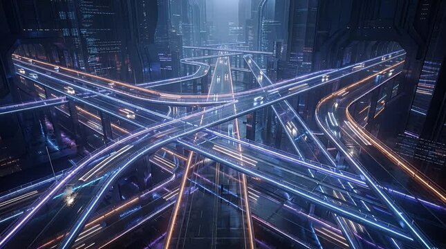 Abstract digital network crossroads illuminated with futuristic light trails