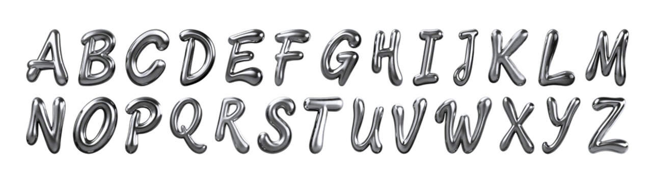 Set of chrome metal uppercase alphabet letters with reflective silver surfaces, rounded beveled forms, two-row arrangement, and separated decorative character shapes on transparent background