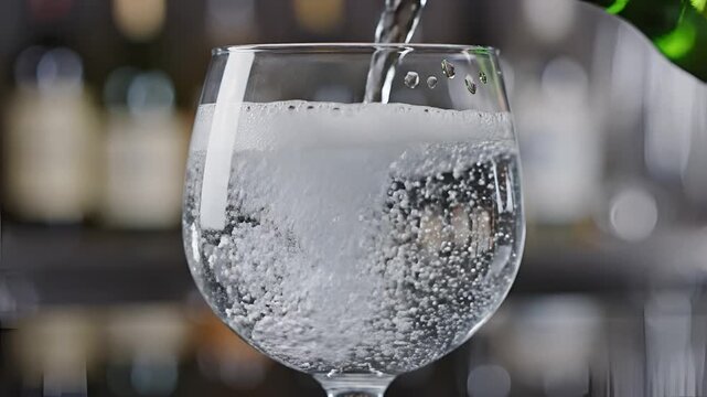 Pouring Sparkling Water into a Glass with Bubbles.
