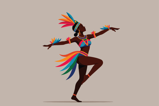 Beautiful woman dancing in a vibrant and colorful carnival costume with feathers and elaborate traditional jewelry.