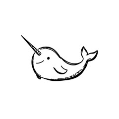 Narwhal doodle icon logo design. Cute narwhal hand drawn illustration. Playful ocean animal sign and symbol. Sea unicorn clipart isolated on white background. © Salma