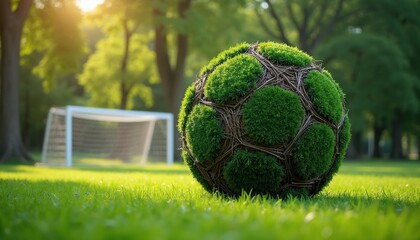 Fototapeta premium Soccer ball made from grass and twigs rests on a green field near a goal. Nature inspired sport equipment sits on lawn at park. Green ball used for game.