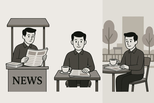 Sequence of images showing a man buying a morning newspaper at a stand and enjoying a coffee while reading at a cafe.