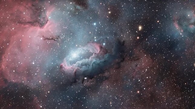 Cosmic nebula swirls in deep space with star clusters