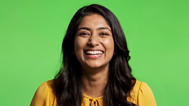 Young Woman Expressing Shock and Laughter on Green Screen Background.