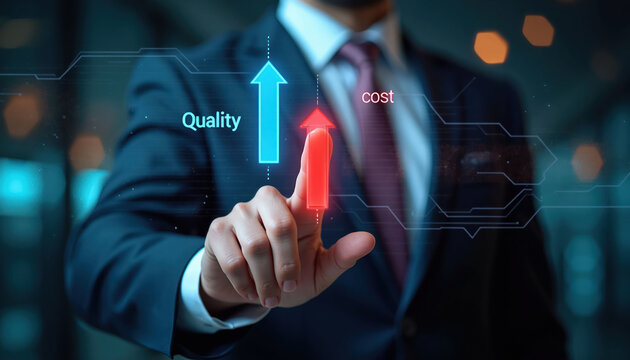 Man in suit touches virtual screen showing quality up arrow and cost up arrow. Business optimization concept. Future tech interface. Data analysis. Strategy choice.