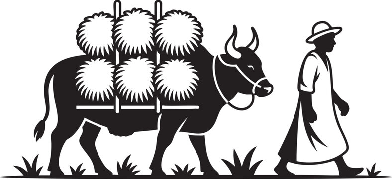 Woman walking with a bull carrying a large bundle of hay on its back, carrying