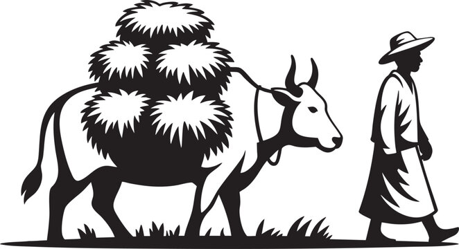 Man walking with a cow carrying a large bundle of hay on its back, carrying