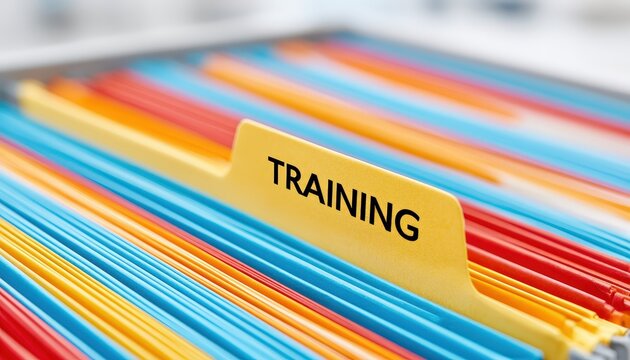 A close-up of colorful file folders with a yellow tab labeled "TRAINING" prominently displayed.
