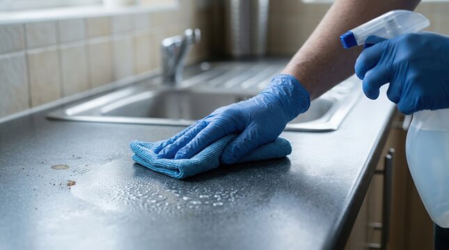 Person in blue gloves cleaning kitchen countertop with spray bottle and micro-fiber rag, removing dirt.