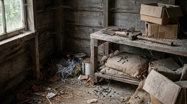 Rustic workshop bench with old tools and burlap sacks containing grain infested with rodent droppings and debris.