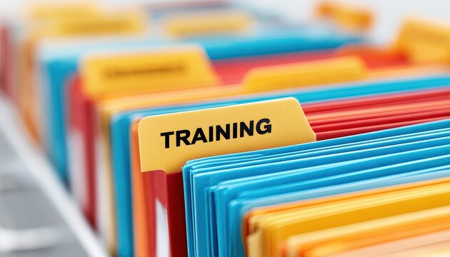 Colorful file folders with a yellow tab labeled "TRAINING" in focus, representing organized documents for employee or personal development.