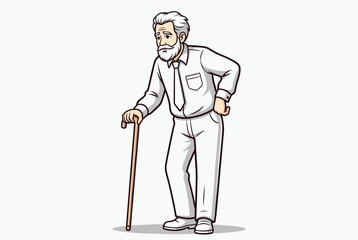 Fototapeta premium Elderly man with a beard leaning on a wooden cane and touching his back with an expression of pain or fatigue.