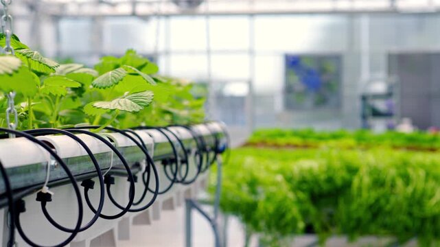 Hydroponic greenhouse with rows of green plants growing in vertical farm system.