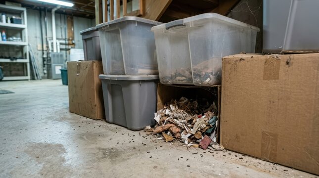 Rodent droppings and nesting materials beneath storage boxes in a cluttered and dirty basement.