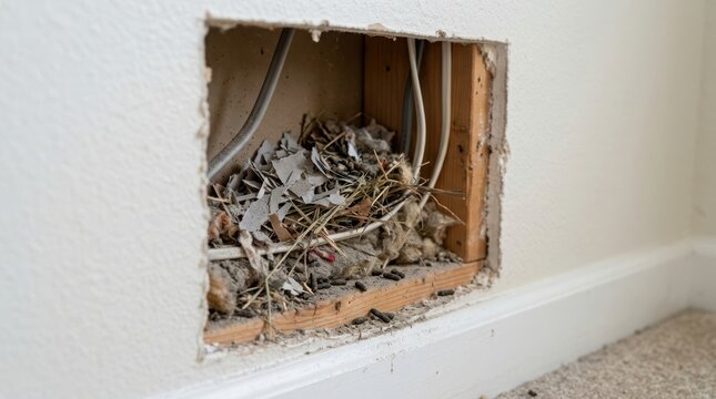Damage from rodents in wall void of house, nesting materials and droppings in wall behind drywall.