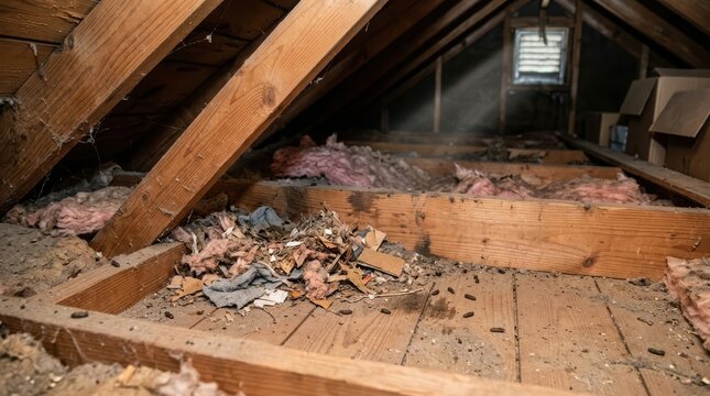 Evidence of rodent infestation in attic with nesting materials and droppings among insulation.