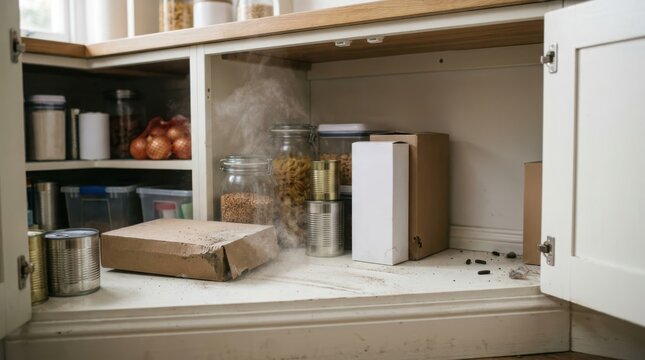 Kitchen cabinet shelf infestation with rodent droppings near food items and damaged cardboard packaging in dark interior.