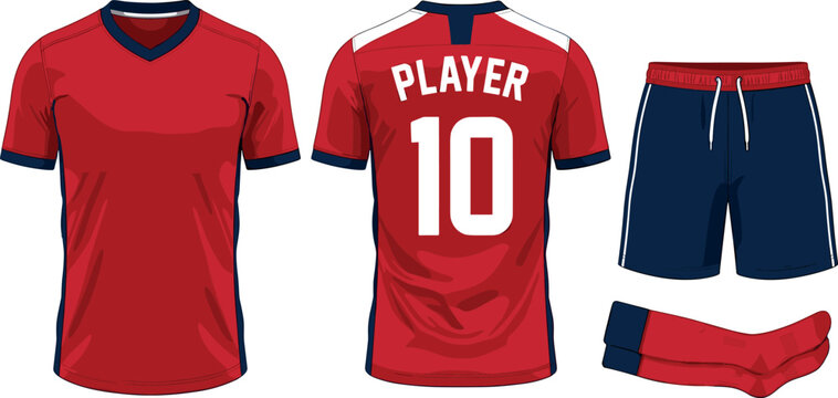 Red and blue soccer uniform vector mockup featuring jersey front back view shorts and socks for football sport team kit template isolated