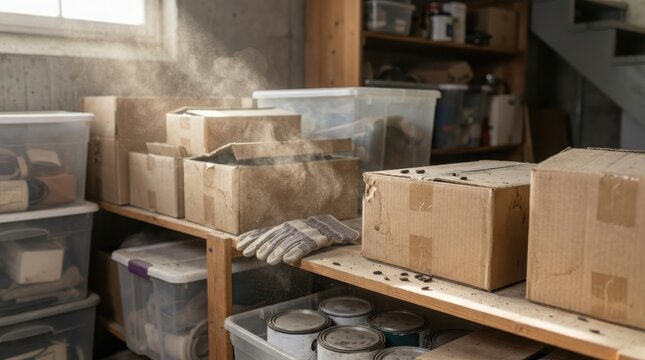 Basement storage area with dusty cardboard boxes and mouse droppings on shelves near paint cans and work gloves gear.