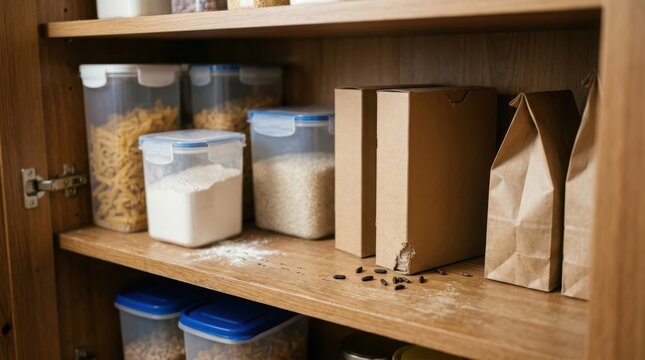 Kitchen pantry shelf showing evidence of rodent activity with chewed cardboard food box and black droppings.
