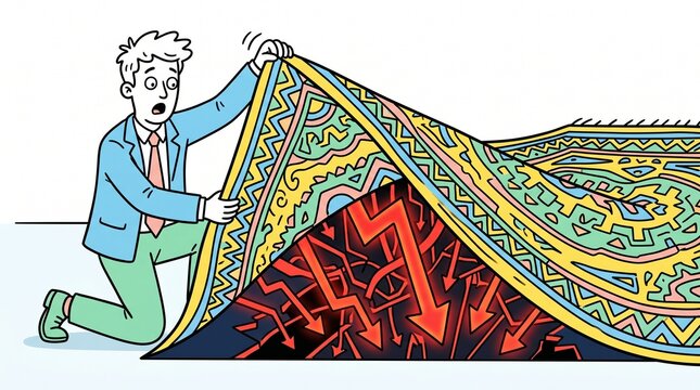 Funny doodle illustration of a business character lifting a rug to reveal hidden downward arrows, transparency concept.
