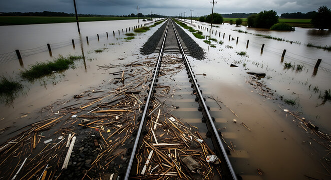 Flooded train tracks with debris and cloudy sky flooded land transportation disaster submerged abandoned overgrown infrastructure emergency countryside abandonment natural disaster