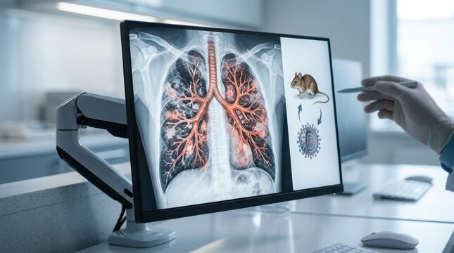 Doctor showing computer screen with lung x ray image illustration mouse and virus particle.